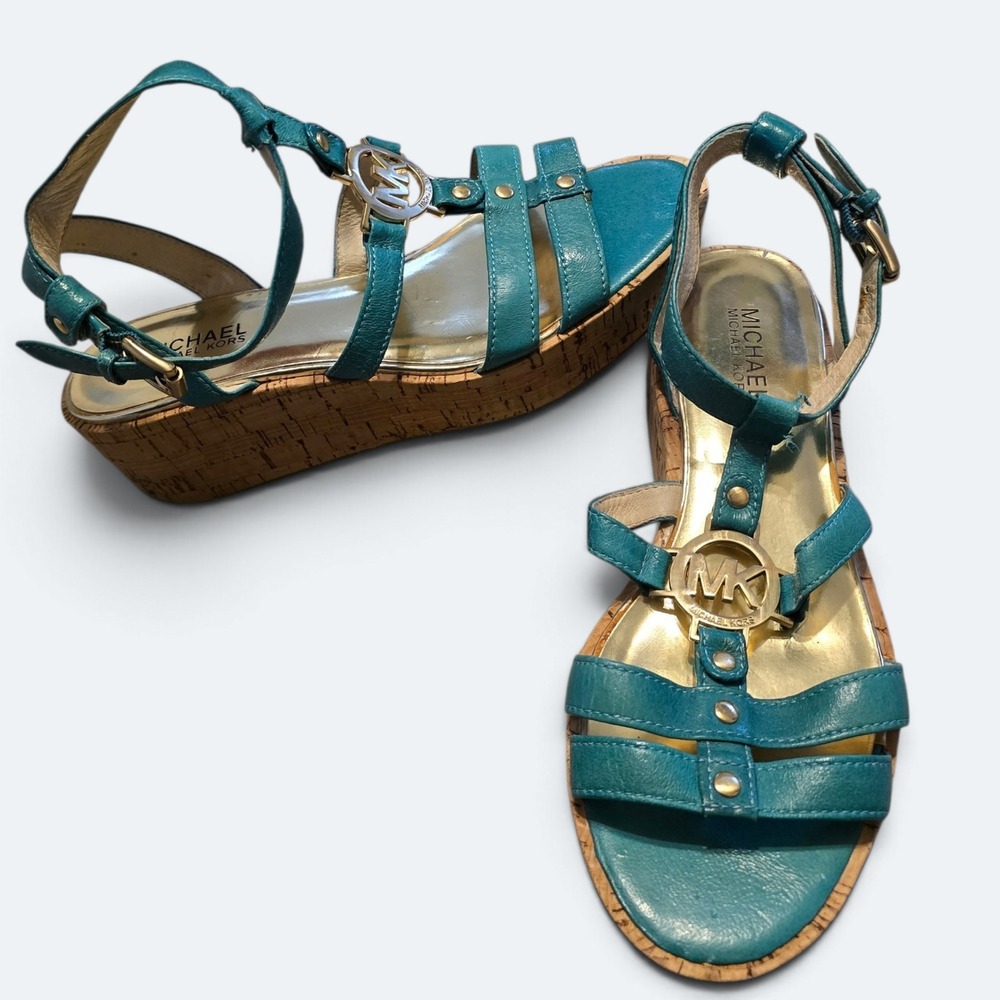 Michael Kors Teal Leather Cork Wedge Sandals Womens 8 Gold MK Logo Medallion